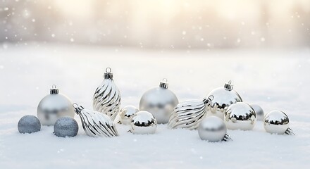 Shiny silver christmas ornaments arranged on a snowy surface with soft lighting