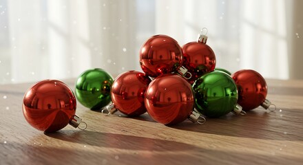 Shiny red and green christmas ornaments on a wooden surface with soft light