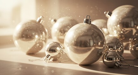 Shiny silver christmas ornaments holiday decorations close up