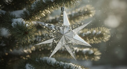 Shiny star ornament hanging on a christmas tree with snowflakes backdrop