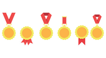 Six Gold Medals Award Ribbons Flat Design Vector Illustration Set