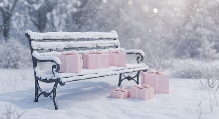 Snow covered bench with pink gift boxes in a winter wonderland scene