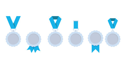 Silver Medal Set with Blue Ribbons Vector Illustration Collection