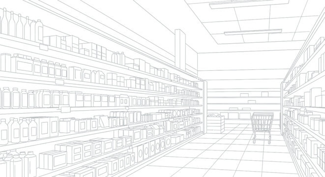 Detailed line art illustration of an empty supermarket aisle with tall shelves fully stocked with various unlabeled boxed and bottled products viewed from a low angle perspective.