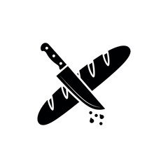 Knife Cutting Baguette Bread with Crumbs Silhouette