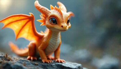Obraz premium Small cute orange dragon with large eyes and wings sits on rock. Creature looks curious, has scales and horns. Fantasy animal in natural environment, soft focus background.