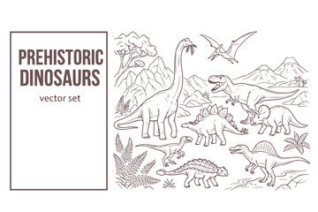 Fototapeta premium Prehistoric Dinosaurs Landscape Brachiosaurus T-Rex Stegosaurus Hand-Drawn-Line-Art Dinosaur-Illustration Prehistoric-Scene Mountain-Dinosaurs Vector Set - Dinosaur Art