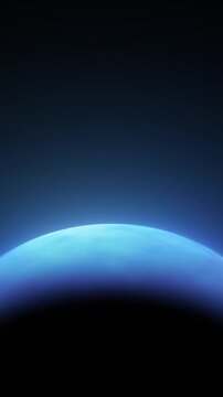 Abstract blue planet rim light loop with alpha channel. dark half sphere in bottom of screen silhouette with glowing atmosphere. Vertical composition. sci-fi space background element with copy space