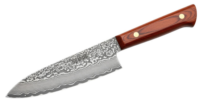 Damascus steel chef knife isolated PNG on transparent background, Japanese style kitchen knife for cooking and food preparation