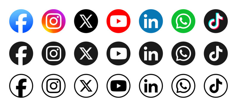Popular Social media network icons circle buttons collection 2026. Facebook, Instagram, Twitter, X , YouTube, LinkedIn, WhatsApp and TikTok. Round vector Contact icon set  