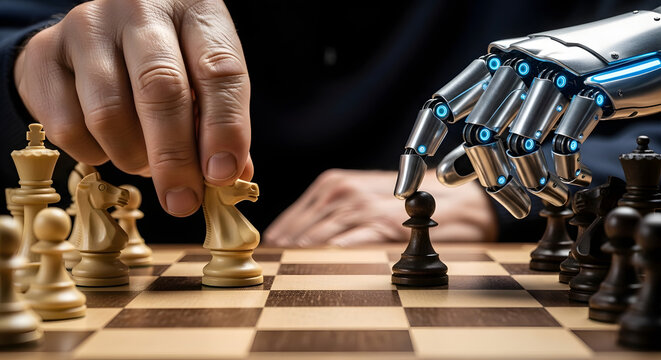 The hand of an elderly man and the hand of a robot playing chess, macro photography