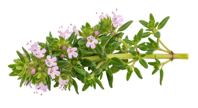 Blooming thyme branch isolated PNG, aromatic herb with pink flowers on transparent background, culinary ingredient for cooking and herbal medicine