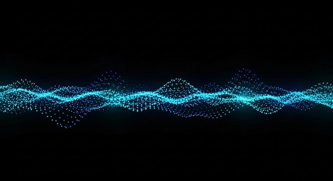A vibrant blue waveform made of tiny particles on a dark background