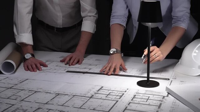 Architects and engineers collaborating on blueprint plans, working together on an architecture project layout design late at night.