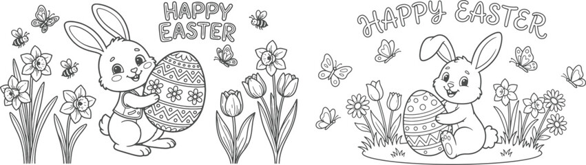 bunny painting easter egg and some flowers, coloring page ready to print on standard 8.5x11 inch paper. eps file.