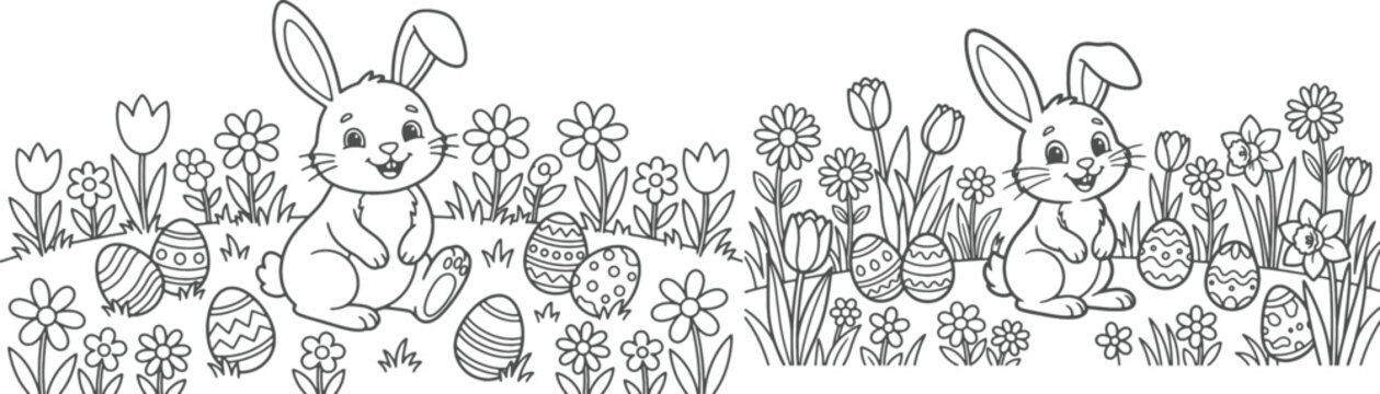 bunny painting easter egg and some flowers, coloring page ready to print on standard 8.5x11 inch paper. eps file.