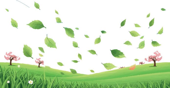 Vibrant green leaves powerfully swept across a bright blue sky by strong winds above a fresh grassy landscape featuring blooming pink cherry blossom trees.