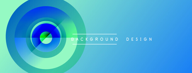 Abstract blue green gradient circles. Text reads background design with lines above below words. Modern visual composition.