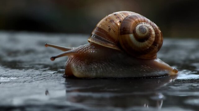 Close-up of a snail crawling on a wet surface, showcasing its spiral shell and slimy trail, detailed macro nature photography highlighting the beauty of slow movement, natural wildlife, 