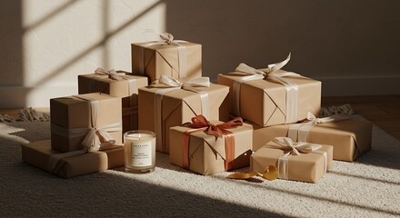 Fototapeta premium Wrapped gifts and candle arranged with sunlight shadows on surface