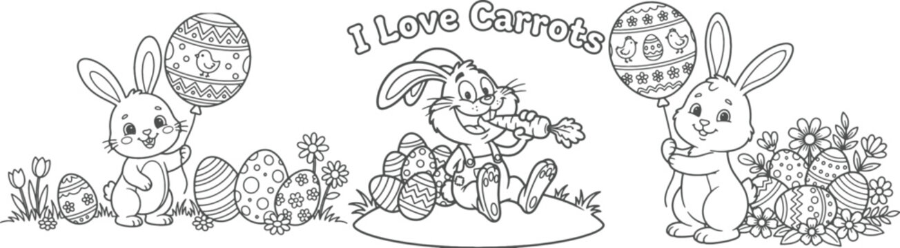 bunny painting easter egg and some flowers, coloring page ready to print on standard 8.5x11 inch paper. eps file.
