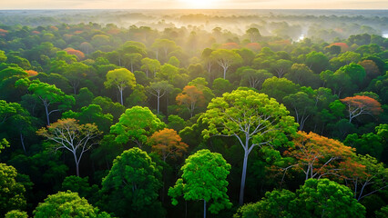 Obraz premium A serene aerial view capturing a lush green rainforest canopy at sunrise, with mist rising between trees and a bright sunbeam breaking through the clouds illuminating