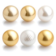 Six shimmering orbs in golden, ivory, and swirled pearl tones, arranged in two rows on a smooth, reflective surface