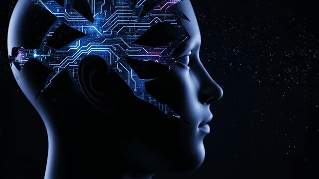 Futuristic human head with glowing circuit board brain