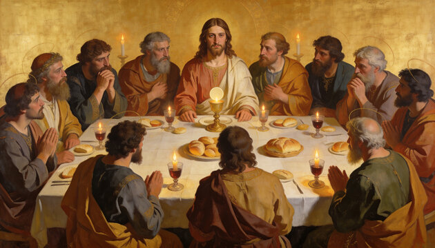 Jesus and his disciples gather around a table with bread, wine, and candles during Passover. This religious artwork reflects Christian ideas.