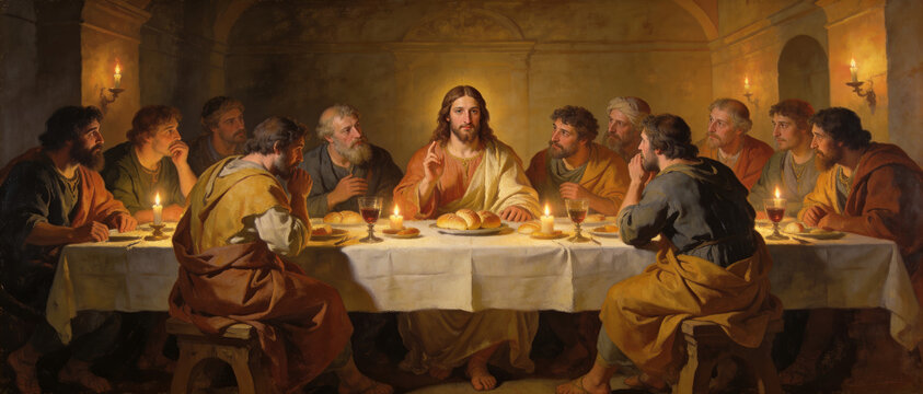 Jesus and men gather for a solemn Last Supper, a pivotal moment in Christian theology. Vintage oil painting for religious education.