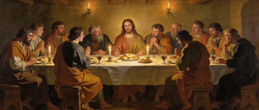 Jesus and his disciples gather around a table with bread, wine, and candles during Passover. This religious artwork reflects Christian ideas.