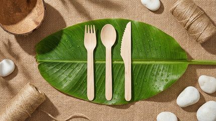 Biodegradable eco-friendly cutlery on green leaf background.