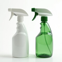Two plastic spray bottles, one white opaque one green translucent, stand side by side against clean white backdrop. Both trigger sprayers, ergonomic handles for easy grip. Green bottle contains clear