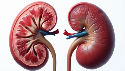 Realistic human kidney anatomy. One kidney shows healthy internal structure. Other kidney illustrates disease or damage. Medical illustration of organ comparison for health education.