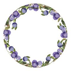 Blueberry round frame or wreath with green leaves. Hand-drawn watercolor illustration isolated on white background. Perfect for invitations, logo design, or food-related branding