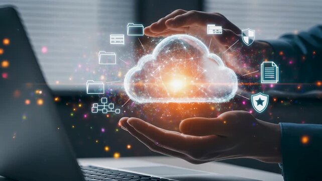 Business professional hand with digital cloud data object performing secure storage action for protection, security, backup, encryption, and network management.