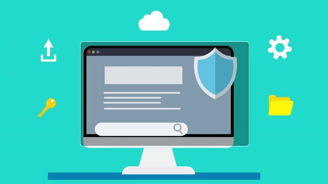 Animated computer monitor displaying secure interface with shield symbol and cloud connection, representing data protection, cloud computing, and digital security systems.
