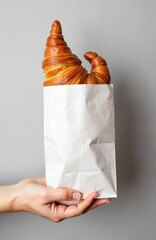 Hand holds golden croissant in white paper bag against gray background. Breakfast pastry, French baked goods, simple food item for morning meal or snack.