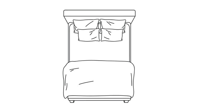 Simple black and white line art illustration showing a top-down plan view of a double bed with four pillows and a cozy duvet.