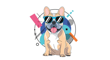 Naklejka premium Cool French bulldog wearing stylish blue sunglasses, sitting in front of a colorful retro 80s-style abstract geometric background design.