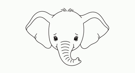 Fototapeta premium Sweet and simple black and white line art illustration of a cute baby elephant's face with large ears and a curved trunk.