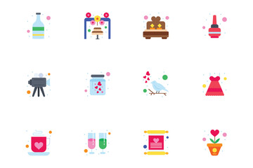 Wedding Celebration Flat Icons Set Romantic Marriage and Party Elements Vector Collection