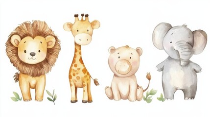 Obraz premium Cute watercolor illustrations of animals like elephants, lions, giraffes, hippos, and bears for children's art projects