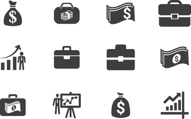 Business and Finance Solid Icons Set Briefcase Money and Growth Vector Collection