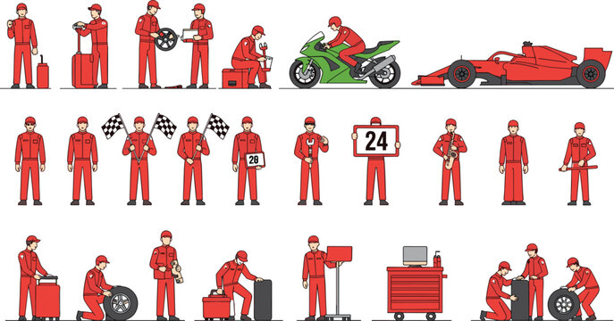 Motorsport Pit Crew and Racing Mechanics Illustration Set with Formula Cars, Motorbikes, Tools, and Professional Trackside Service