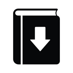 Black and white icon of a book with a download arrow