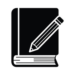 Black and white icon of a pencil on an open book