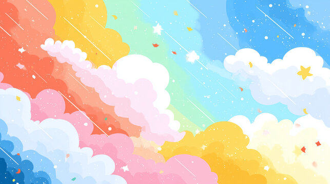 レインボーグラデーションのポップ雲コミック背景 / Rainbow Gradient Pop Comic Cloud Background