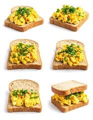 Six views of scrambled egg sandwiches topped with fresh chives on light brown bread slices on white