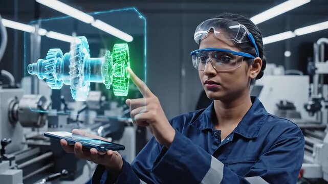 Female engineer interacts with a futuristic holographic projection of gears and machinery on her tablet showcasing innovation in manufacturing and technological advancement